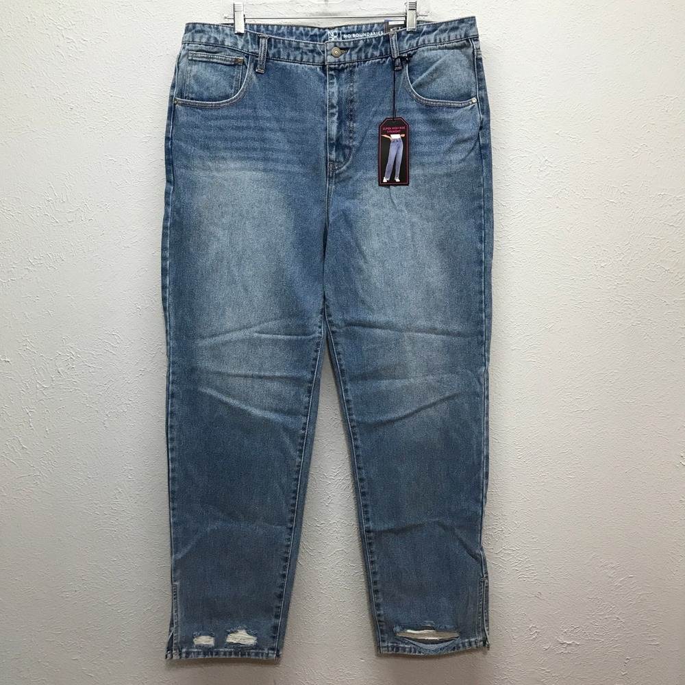 No Boundaries Straight Jeans Womens 21 Blue Super High Rise Split Hem Distress
